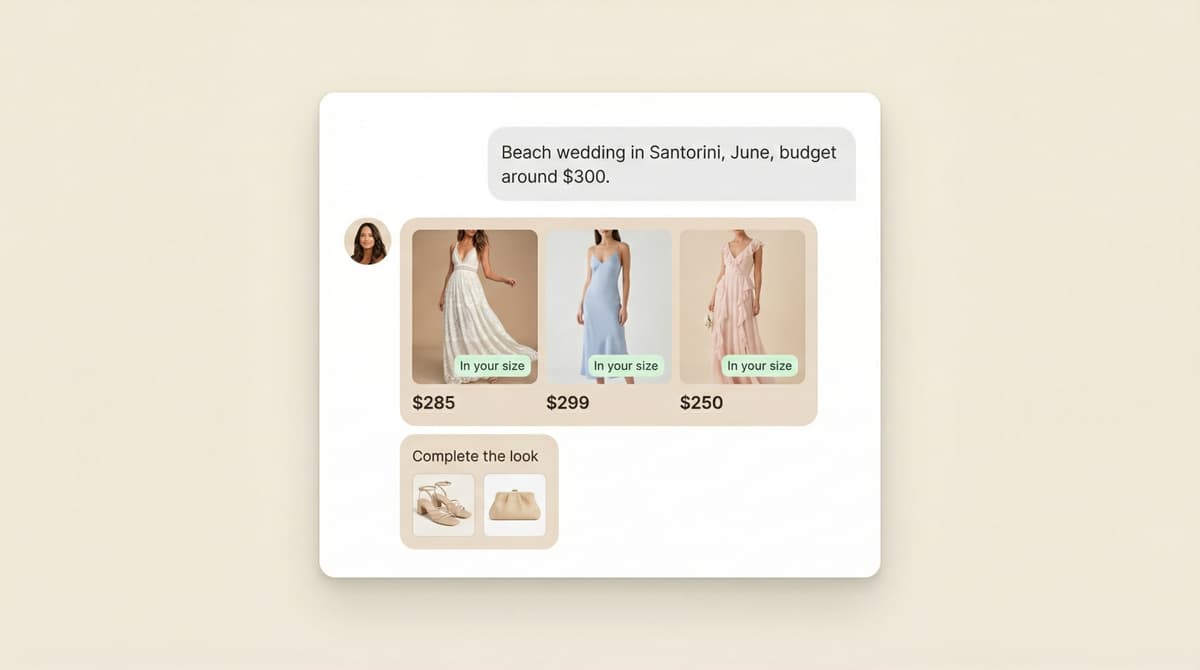 AI shopping assistant recommending dresses based on user prompt with personalized size and budget suggestions
