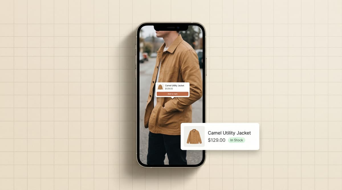 AI ecommerce visual recognition tool detecting a jacket and enabling in-app product purchase on mobile