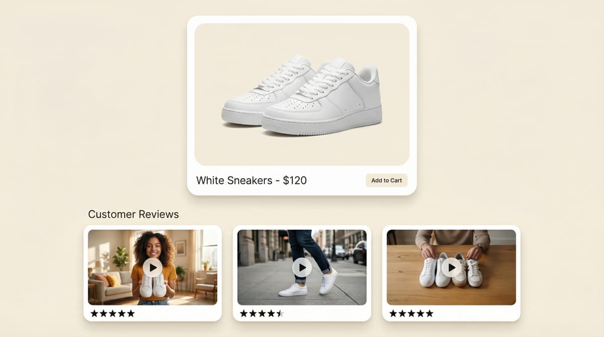 AI ecommerce product interface displaying sneakers with pricing, purchase option, and customer review content with ratings