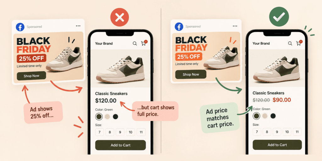 Shopify Black Friday Ads | Ad-to-Cart Price Consistency Comparison