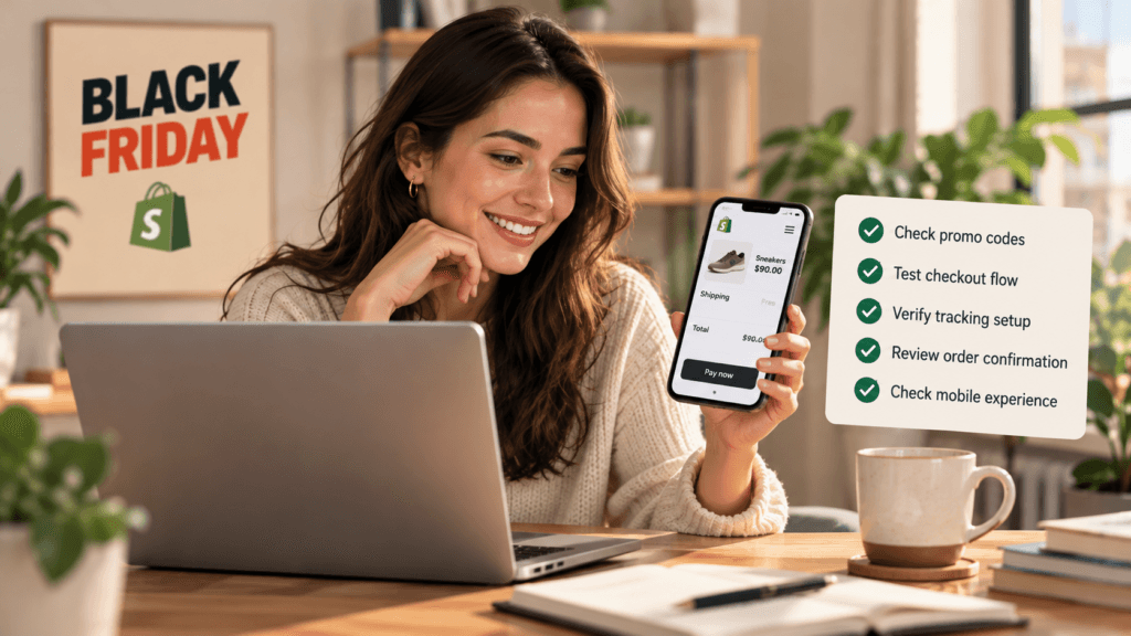 Shopify store owner testing checkout on a phone before Black Friday