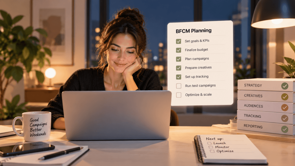 Marketer calmly working through a BFCM planning checklist