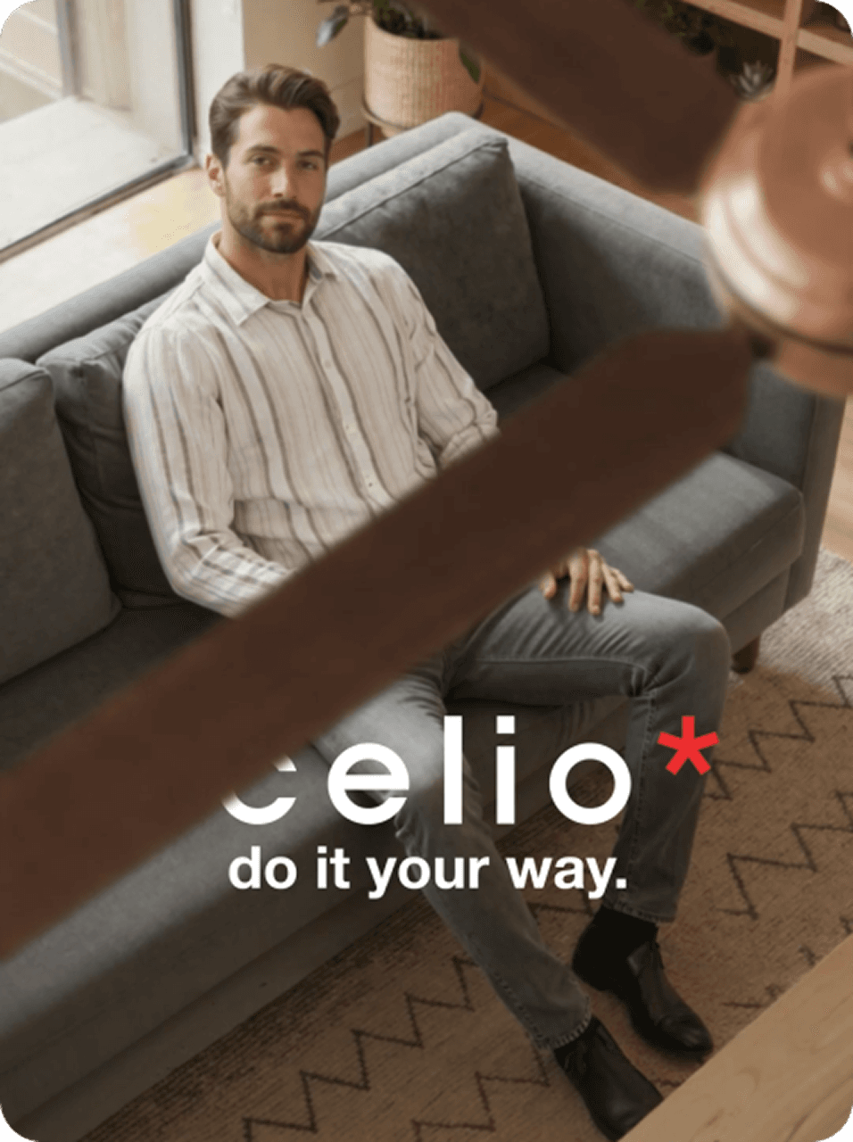 Campaign visual of a seated model for Celio