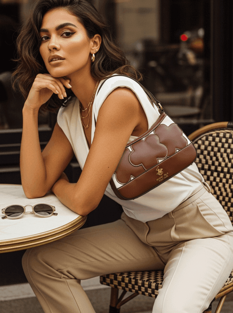 Model seated at a cafe with the handbag