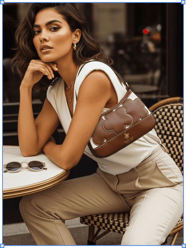 Model featuring the handbag in a generated campaign-style visual