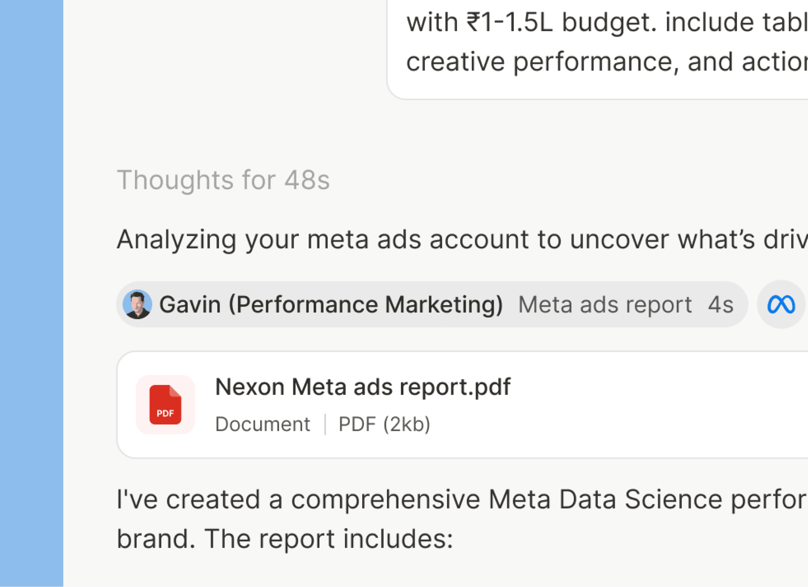 Gavin, performance marketing teammate interface