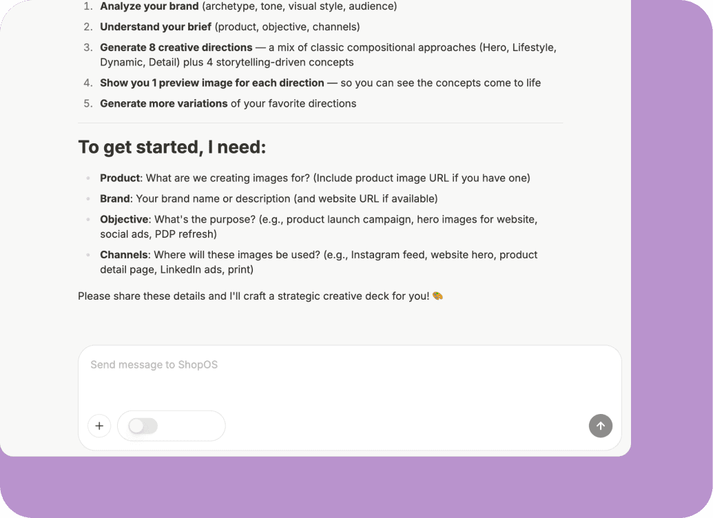 Monica, catalog copy & creative direction teammate interface
