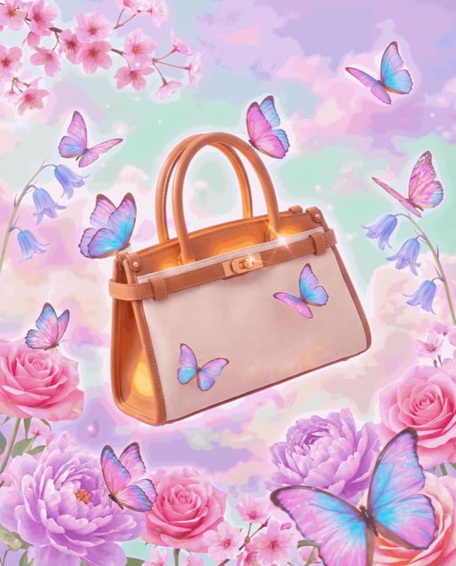 The tote among pastel butterflies and flowers