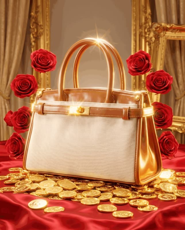 The tote on gold coins between red roses