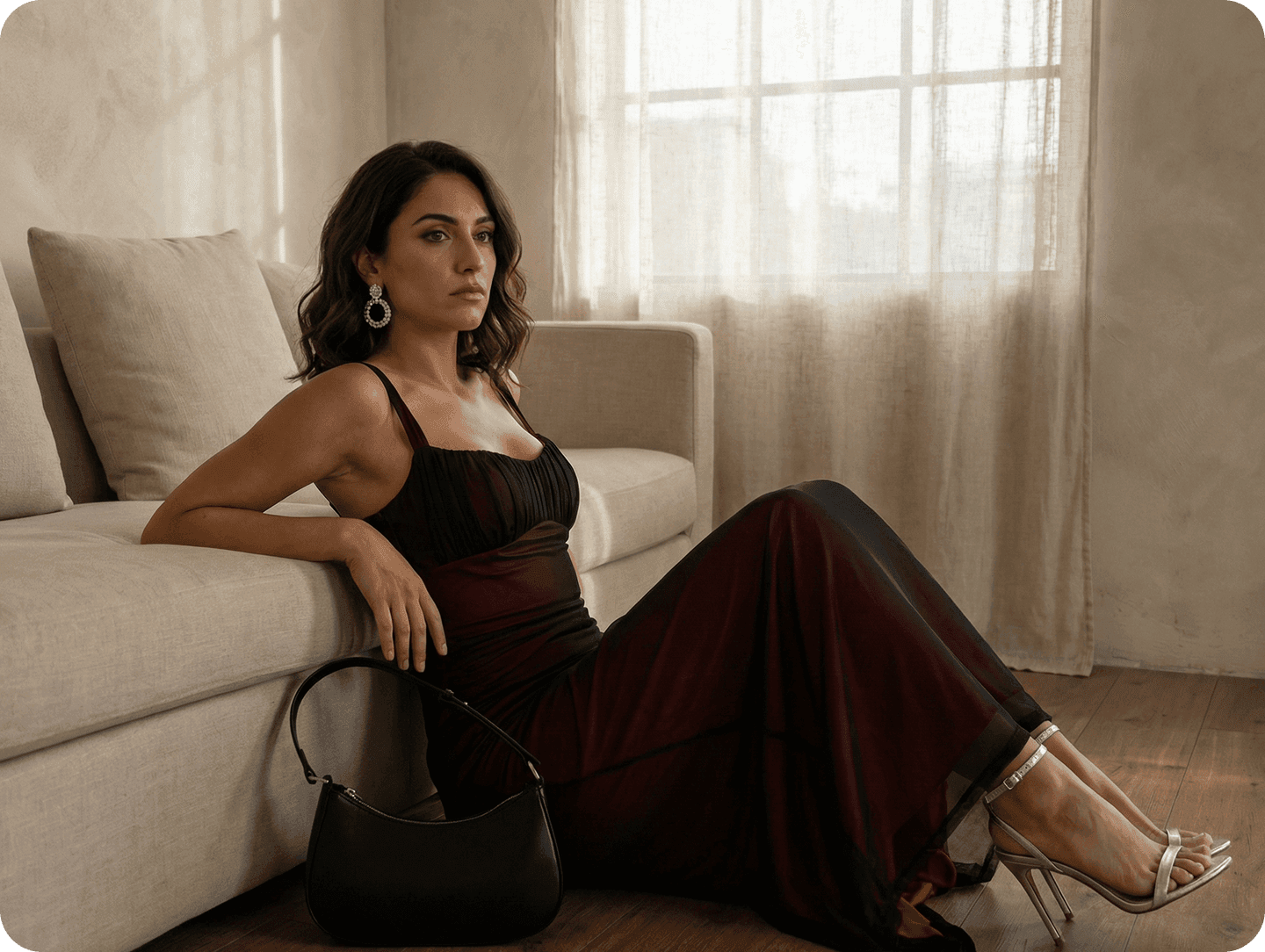 Woman in an evening gown seated in a lounge