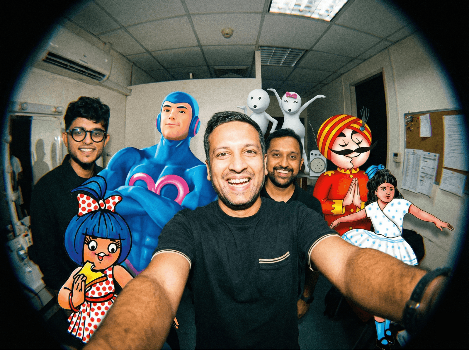 ShopOS team fisheye selfie with brand mascots