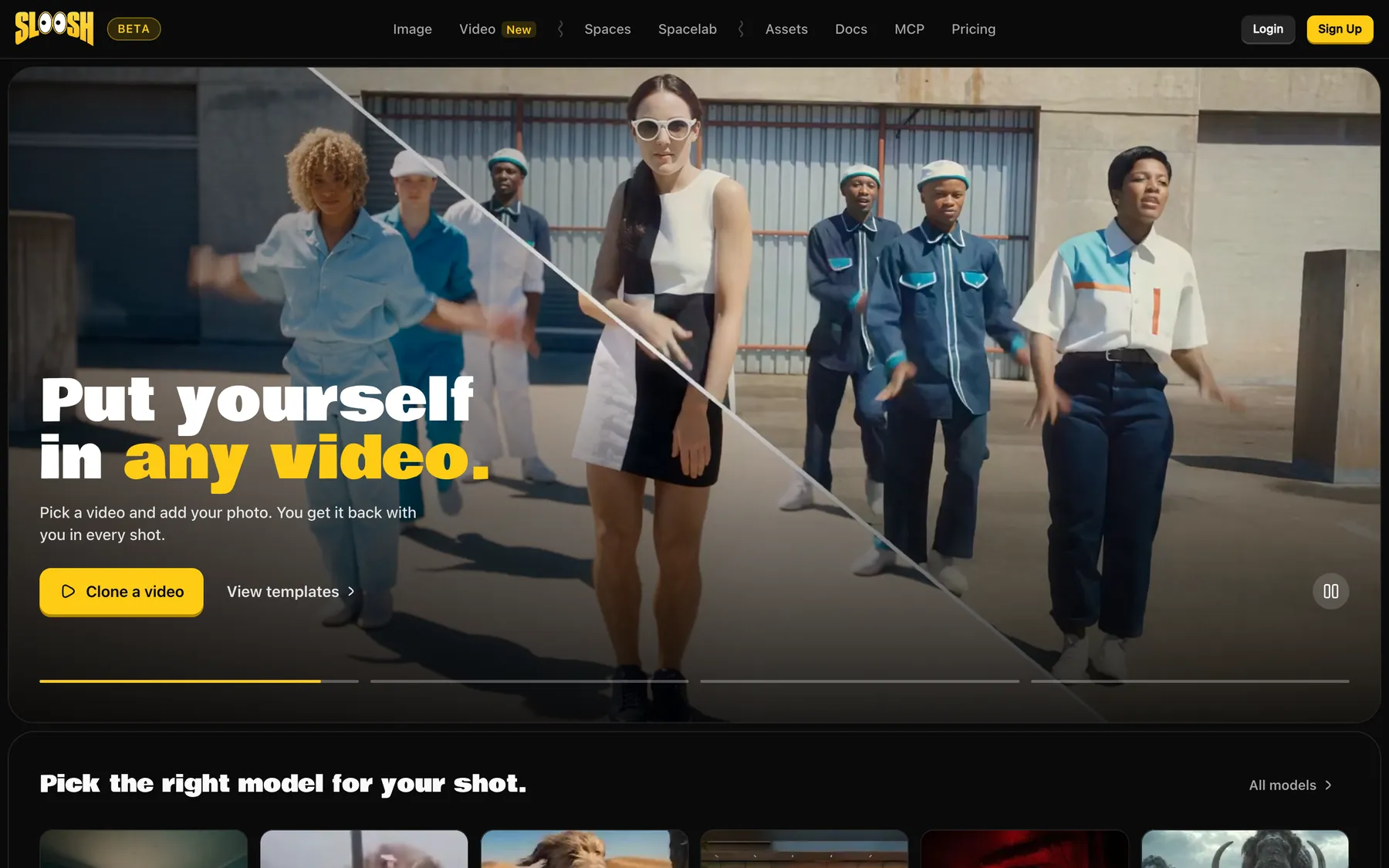 The sloosh.ai home page, with the headline Put yourself in any video and a Clone a video button