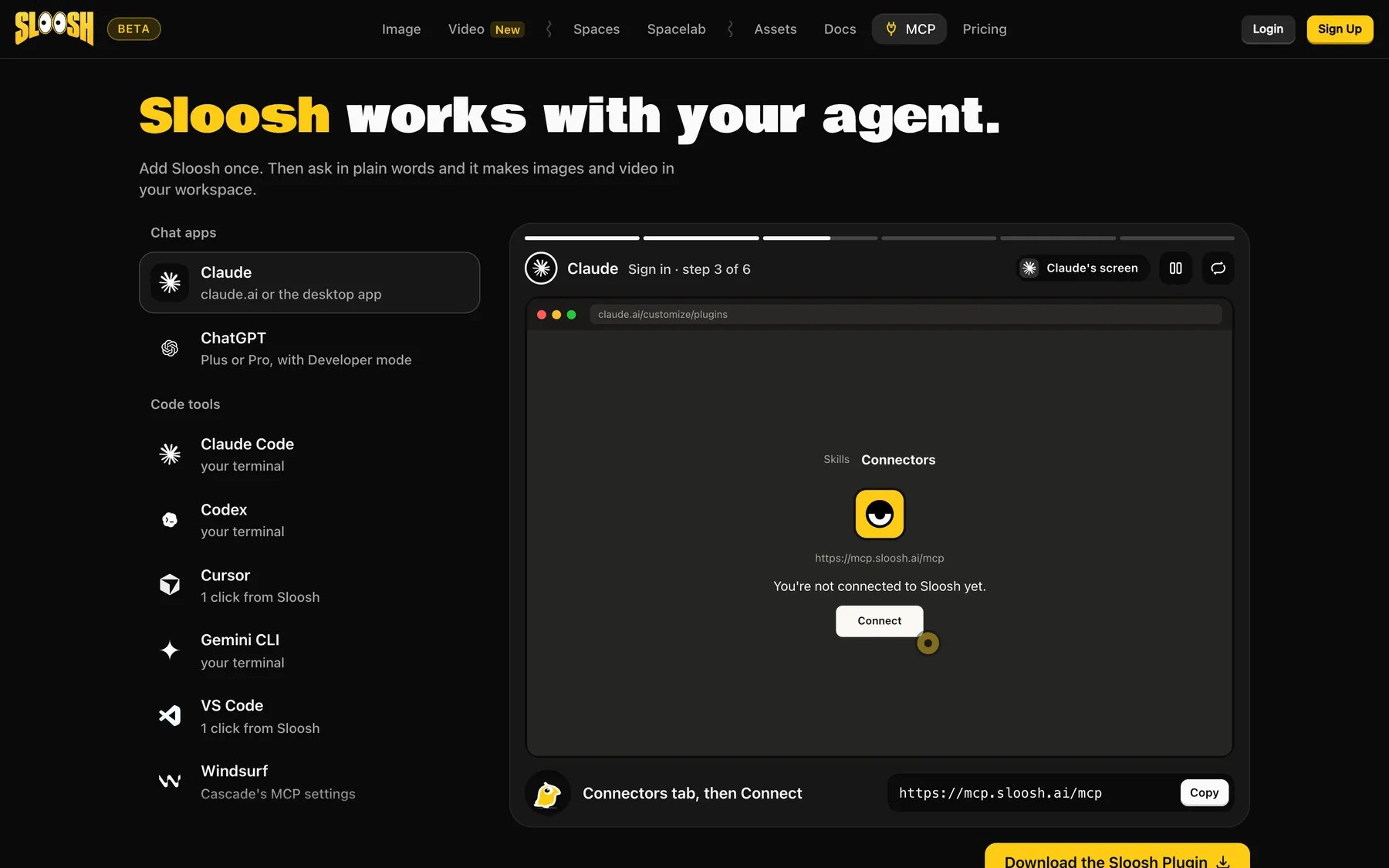 The Sloosh MCP page, showing how to connect Claude, ChatGPT, Claude Code, Codex, Cursor and other agents to Sloosh