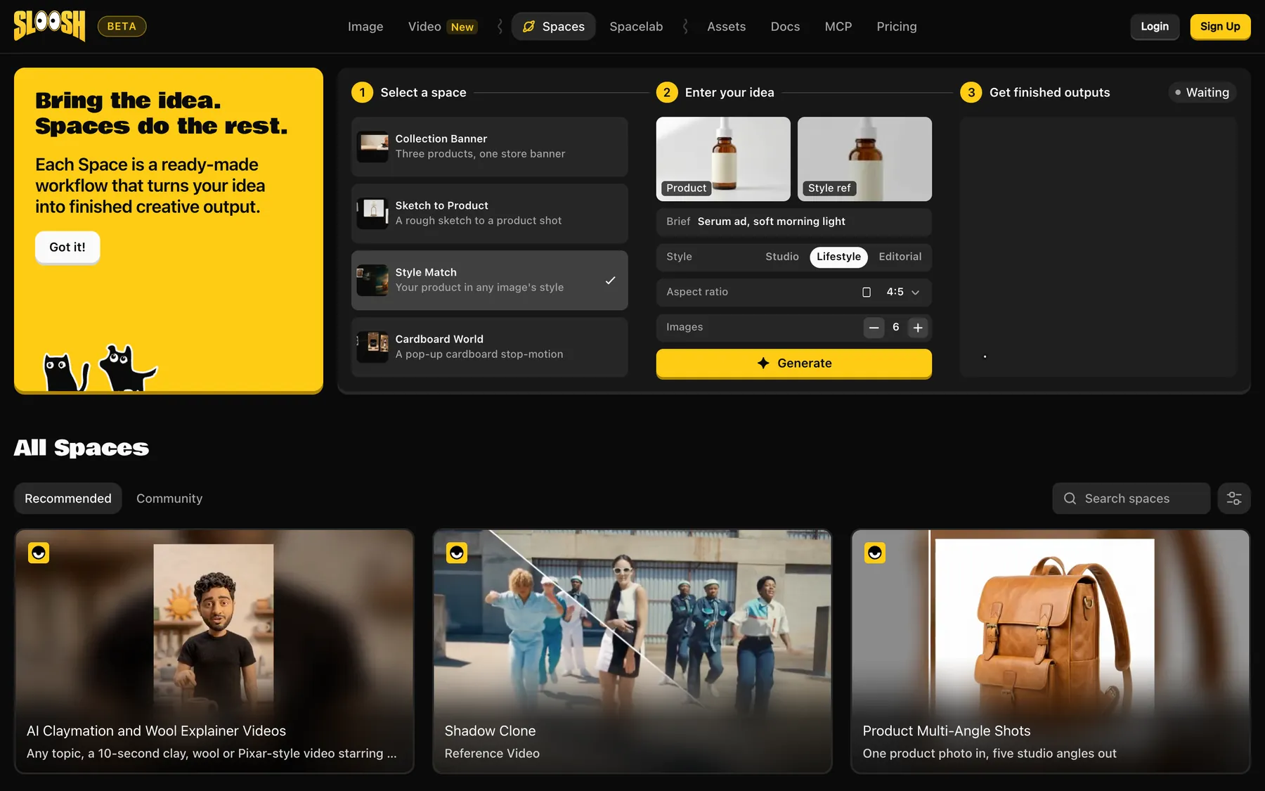 The Sloosh Spaces page: pick a Space such as Style Match, add a product photo and a brief, then generate