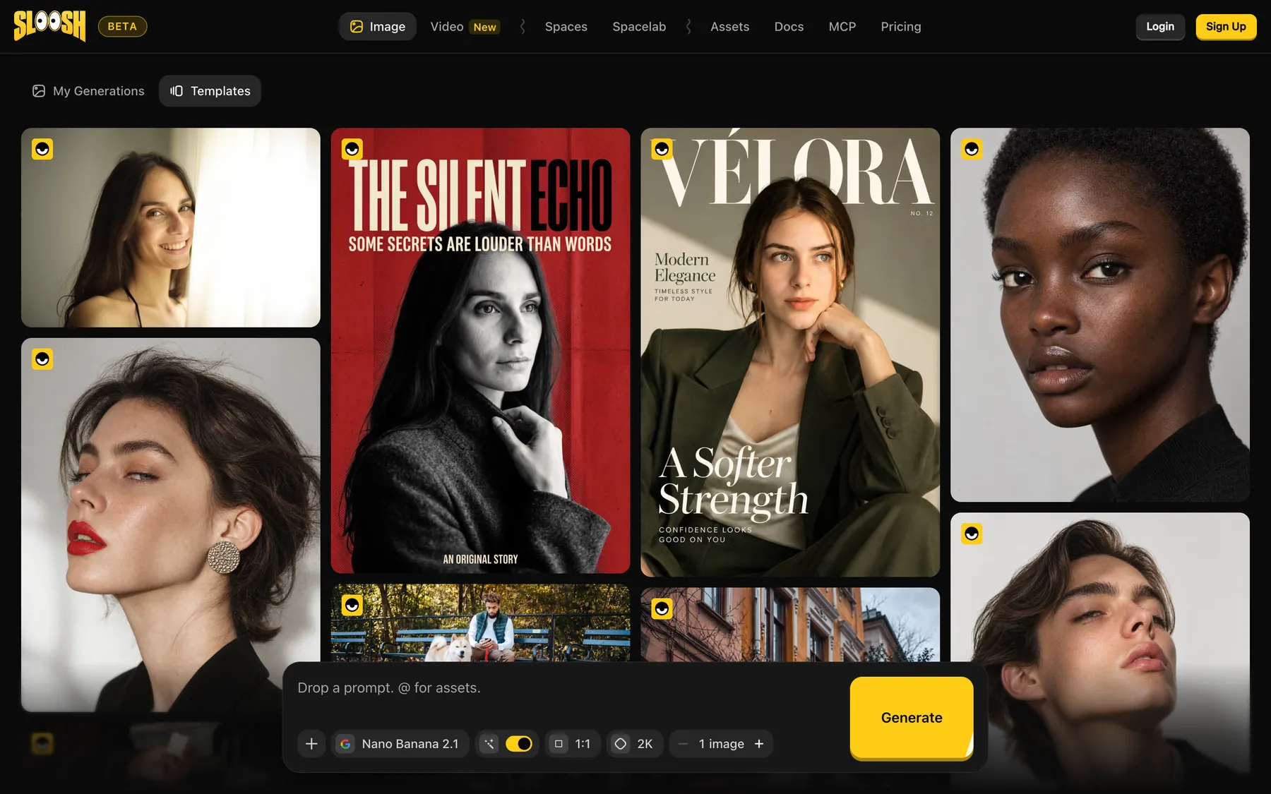 Sloosh Studio for images: a grid of portrait and magazine-cover templates above the prompt bar, with Nano Banana 2.1 selected