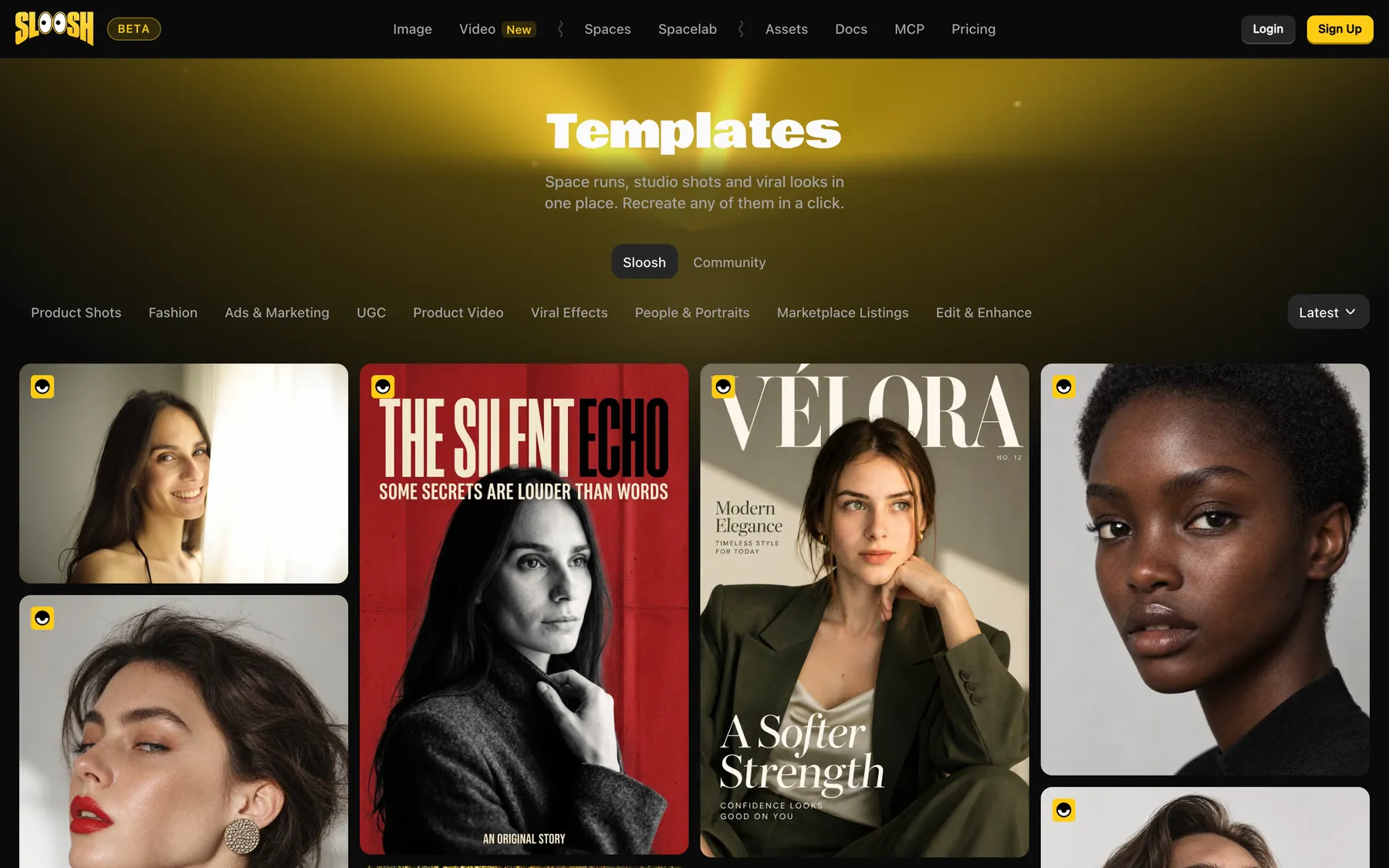 The Sloosh Templates page, filtered by category, with portrait and magazine-cover templates to recreate