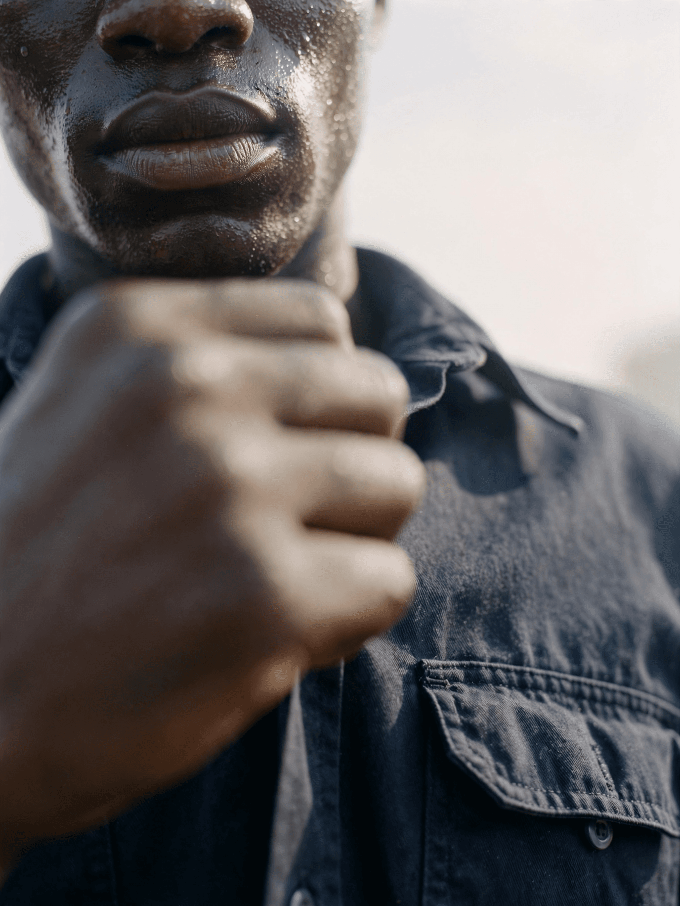 AI fashion photo: close crop of a man in a navy denim workwear shirt, hand at his collar