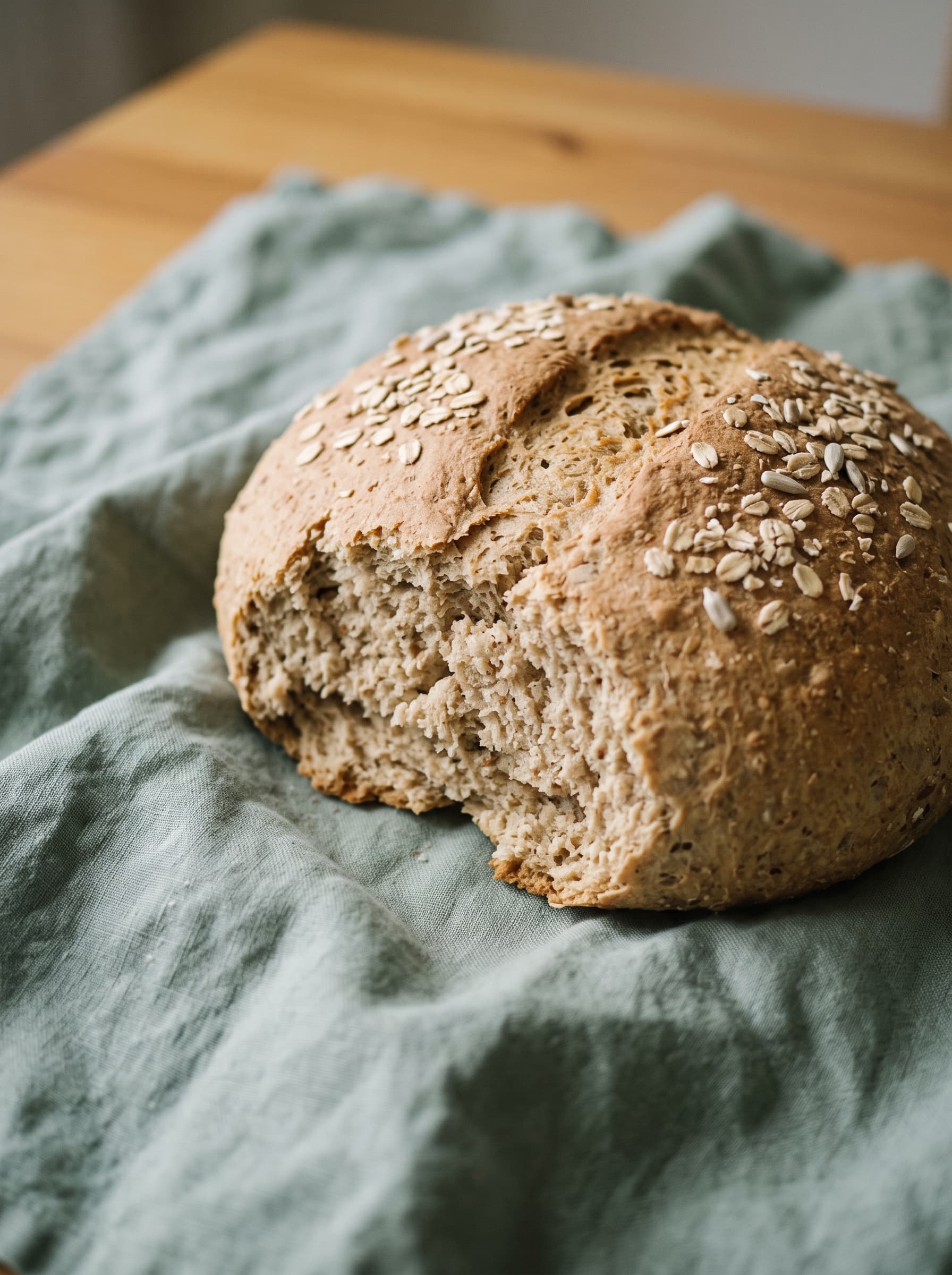 AI food photo: a seeded loaf of soda bread on crumpled sage green linen on a wooden table