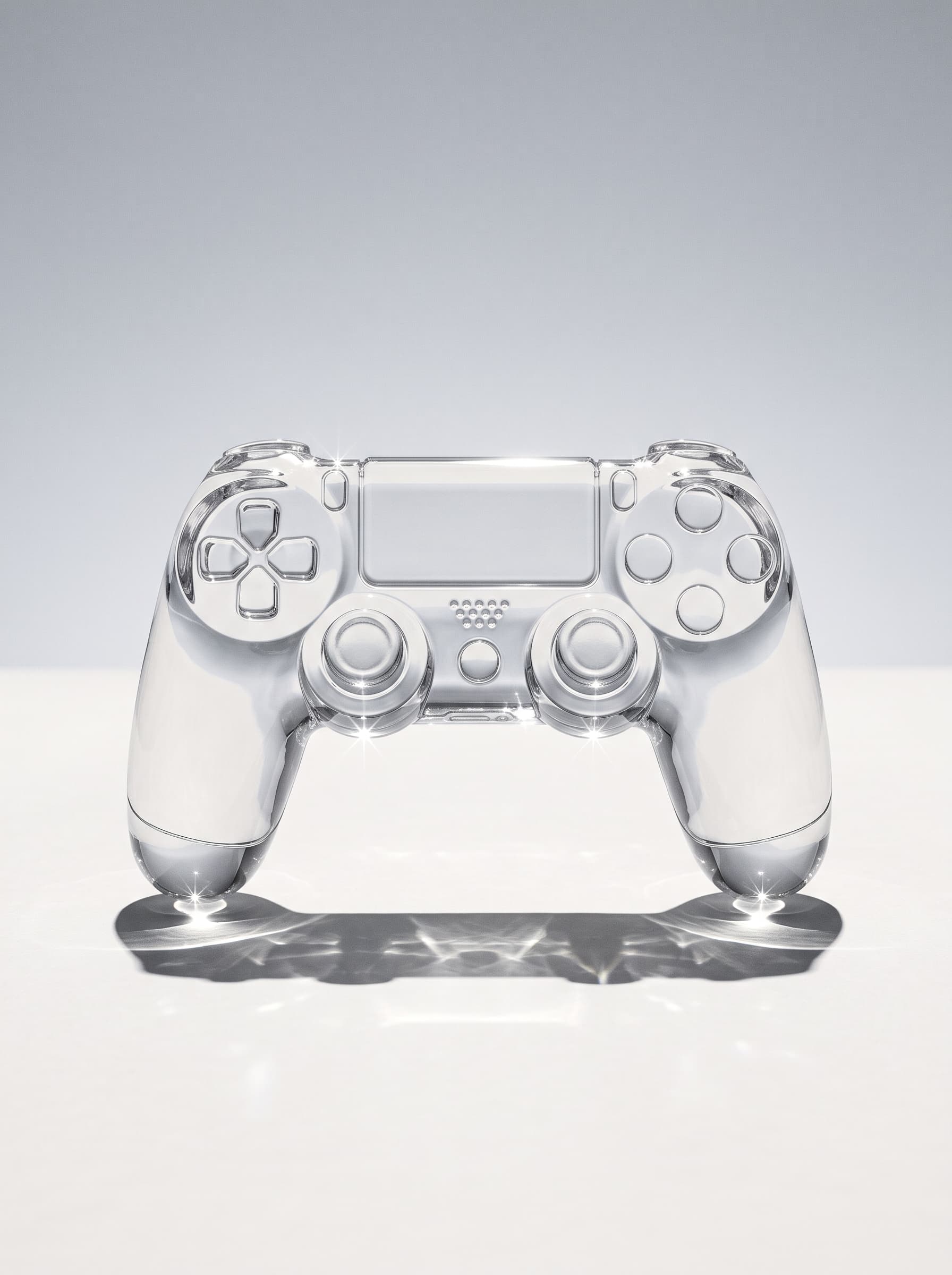 AI product photo: a clear crystal game controller on a white surface with a soft reflection