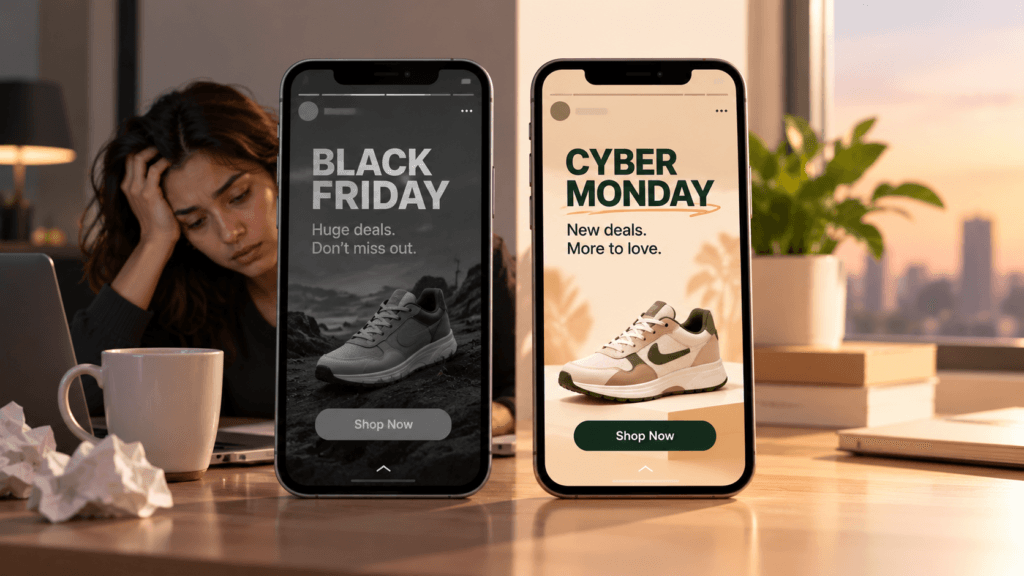 Tired Black Friday ad compared with a fresh Cyber Monday ads