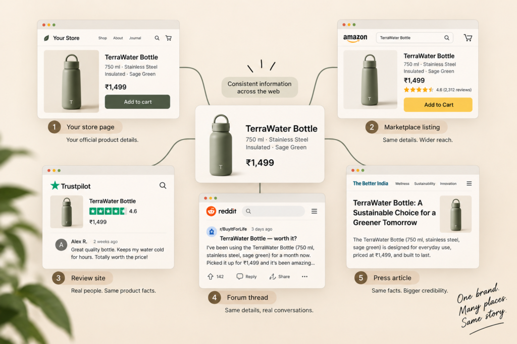 LLM SEO | Consistent brand facts shared across a store, marketplace, reviews, forums, and press