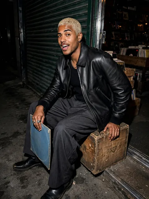 A portrait in a black leather jacket