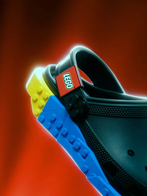 A sneaker built from toy bricks